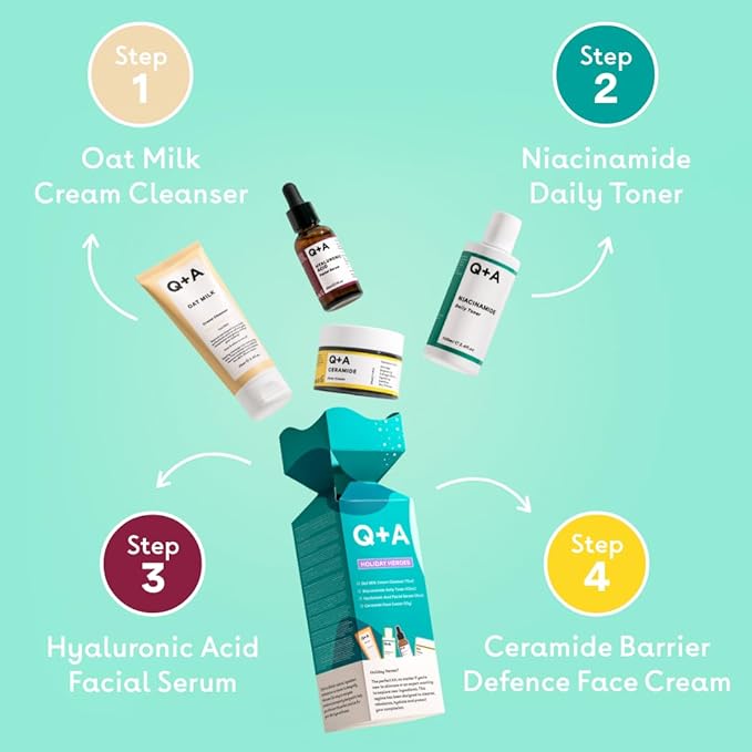 Holiday Heroes Skincare Giftset β 4-Step Regime with Oat Milk Cleanser, Niacinamide Toner, Hyaluronic Acid Serum, Ceramide Face Cream β Vegan, Cruelty-Free, UK Made, Nourishing and Hydrating