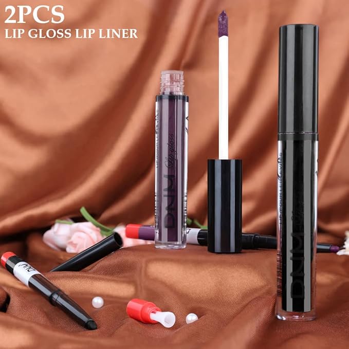 2 Colors Liquid Matte Lipstick and Lipliner Set, Black Purple Lip Tint 24 Hour Waterproof Velvet Nonstick Cup Lipgloss Lip Stain Pigmented Lip Makeup Gift Sets for Girls and Women Labiales19&20