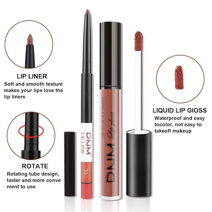 BINGBRUSH 2 Colors Liquid Matte Lipstick and Lipliner Set, Nude Lip Tint 24 Hour Waterproof Velvet Nonstick Cup Lipgloss Lip Stain Pigmented Lip Makeup Gift Sets for Girls and Women Labiales33&34