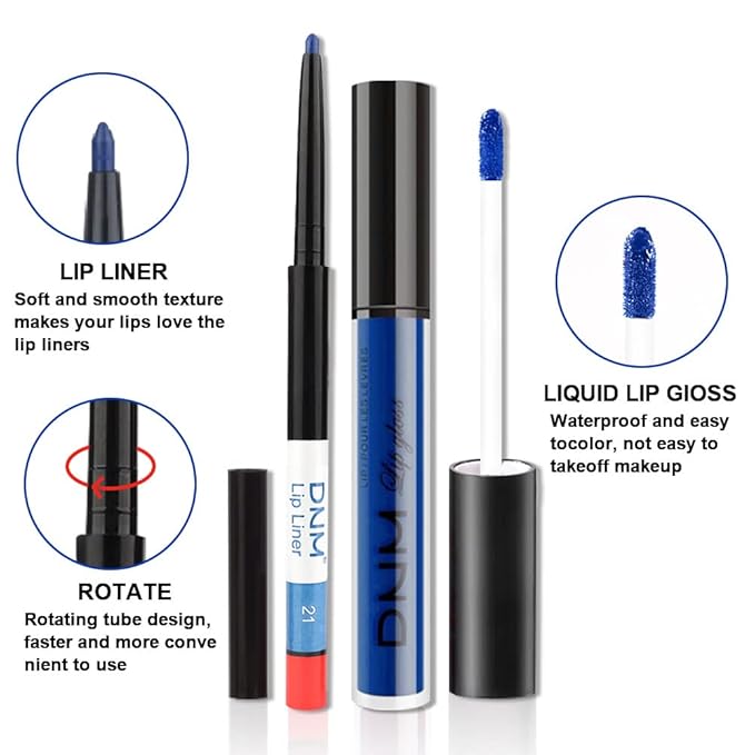 2 Colors Liquid Matte Lipstick and Lipliner Set, Blue Green Lip Tint 24 Hour Waterproof Velvet Nonstick Cup Lipgloss Lip Stain Pigmented Lip Makeup Gift Sets for Girls and Women Labiales21&23