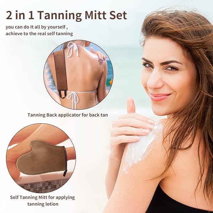 WLLHYF Self Tanning Mitt Applicator kit, Lotion Applicator For Back, Face Fake Tan Mitten, Ultra Soft Streak Free Reusable Tanning Glove for Self Tan (Brown)