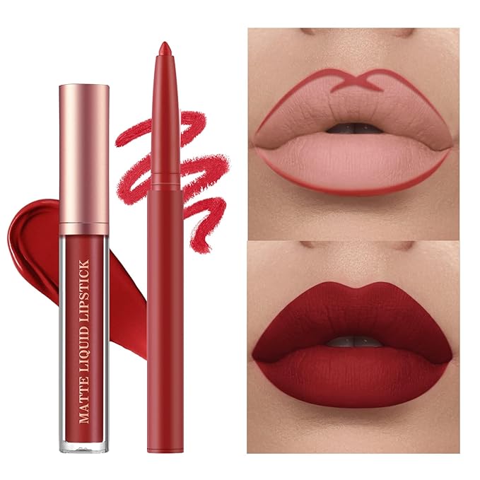 URQT 12pcs Nude Lip Liner and Lipstick Makeup Set, 6 Velvety Matte Liquid Lipsticks + 6 Matching Smooth Lip Liner One Step Lips Makeup Kits Waterproof Long Lasting Matte Lipstick Gift Set (SetC, 12)