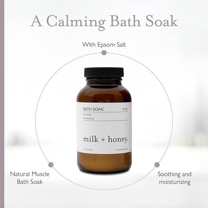 milk + honey Calming Bath Soak No. 8, Moisturizing Epsom Salt Bath Soak with Lavender and Eucalyptus Oils, Soothing and Relaxing, 10 oz