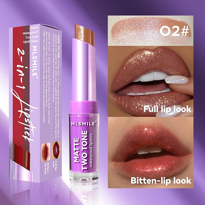 Glitter Lipstick 2 In 1 Two Tone Lipsticks, 18H Waterproof Long Lasting Sparkling Shimmer Metallic Glitter Lip Gloss, Shiny Matte Lip,Bold Glimmer Glow Lip Gloss for Women Christmas Lip Makeup (#02)