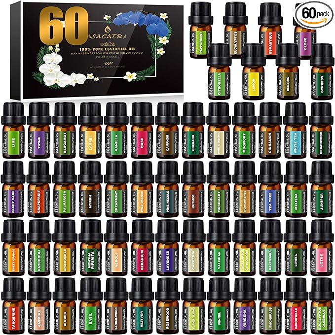 Premium Essential Oils Set - Pure Essential Oils-Perfect for Diffuser, Humidifier, Massage, DIY Candle and Soap Making(60x5 ML)