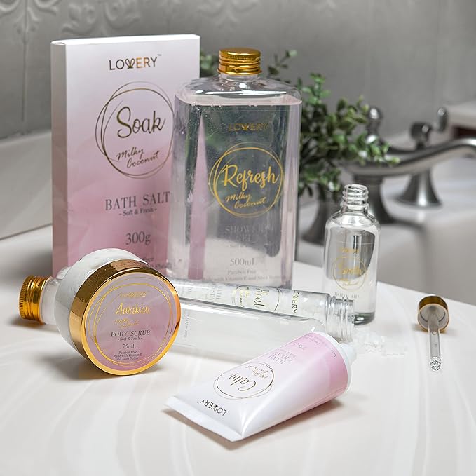 Mothers Day Bath Gift Set - Home Spa Gift Basket with Milky Coconut, Vitamin E & Shea Butter with Shower Gel, Bath Salt & Crystals, Body Scrub, Hand Cream, Body Oil, Bath Pillow, Wooden Crate & More