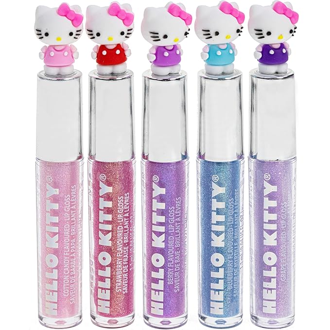 Townley Girl Hello Kitty 5 Pc Plant Based, Moisturizing Lip Gloss Makeup Set for Girls Kids Toddlers, Perfect for Parties Sleepovers Makeovers Birthday Gift for Girls 3 Yrs+