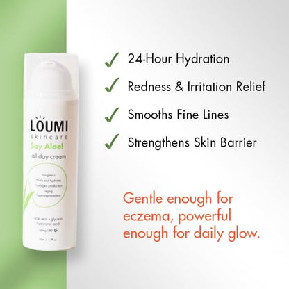 LOUMI Skincare Lightweight Hydrating Aloe Face Cream, Aloe Vera, Algae, And Hyaluronic Acid, Soften And Brighten Skin, Made In The US