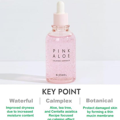 BJEWEL Korean Skincare Pink Aloe Calming Ampoule 100ml – 72-Hour Hydration With Rare Pink Aloe & Centella – Soothing Serum for Sensitive Skin With Tea Tree, Fast-Absorbing & Non-Irritating Formula
