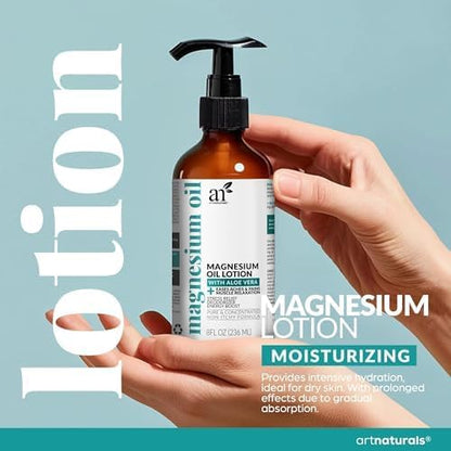 ArtNaturals Magnesium Oil Spray 12 oz + Body Massage Lotion Set 8oz for Feet & Sleep - Extra Strength Cream Ultra-Pure, Relief & Relaxation, Muscle Health Leg & Joint Care Topical Non Itch