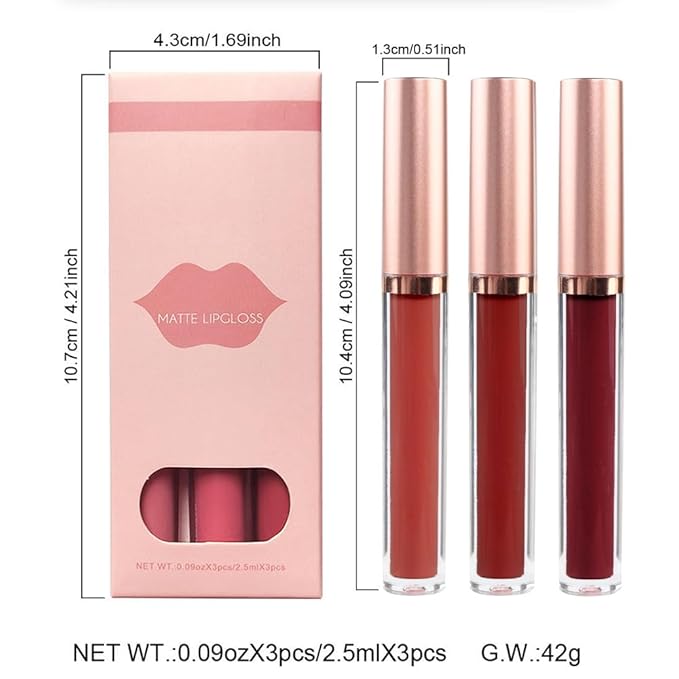 3Pcs Deep Fuchsia Matte Velvet Lipgloss Set,Dark Brown Lipgloss
