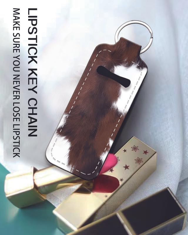 Chapstick Holder Keychain Holder Neoprene Lip Balm Lipstick Lip Gloss Holder Travel Accessory for Girls Women Gift(Brown White Cow)