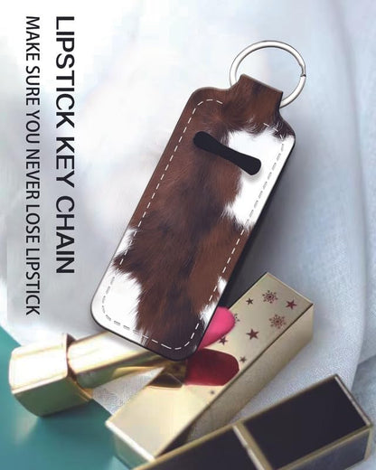 Chapstick Holder Keychain Holder Neoprene Lip Balm Lipstick Lip Gloss Holder Travel Accessory for Girls Women Gift(Brown White Cow)