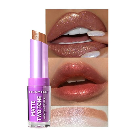 Glitter Lipstick 2 In 1 Two Tone Lipsticks, 18H Waterproof Long Lasting Sparkling Shimmer Metallic Glitter Lip Gloss, Shiny Matte Lip,Bold Glimmer Glow Lip Gloss for Women Christmas Lip Makeup (#02)
