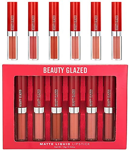 6 Pcs Matte Liquid Lipstick Makeup Set, Non-Stick Cup Long-Lasting Wear Not Fade Waterproof Nude Red Velvet Lip Gloss Beauty Cosmetics Set