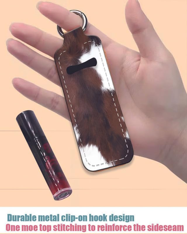 Chapstick Holder Keychain Holder Neoprene Lip Balm Lipstick Lip Gloss Holder Travel Accessory for Girls Women Gift(Brown White Cow)