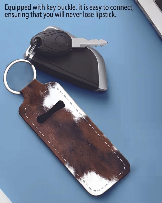 Chapstick Holder Keychain Holder Neoprene Lip Balm Lipstick Lip Gloss Holder Travel Accessory for Girls Women Gift(Brown White Cow)