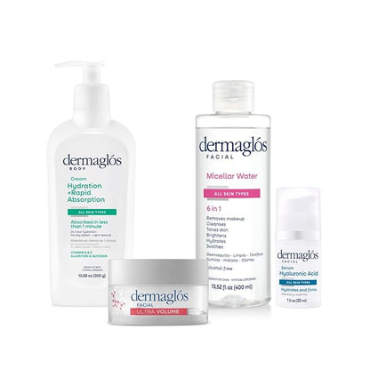 Skincare Facial And Body Set | Micellar Water 13,52 floz + Hyaluronic Acid Serum With Provitamin B5 1 floz + Ultra Volume Night Cream 1,76 oz + Body Cream Hydration for 24 hours 10,58 oz