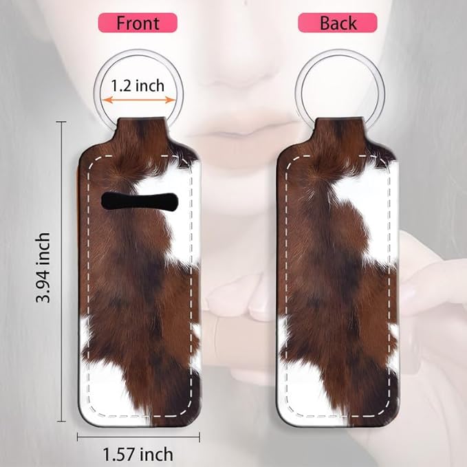 Chapstick Holder Keychain Holder Neoprene Lip Balm Lipstick Lip Gloss Holder Travel Accessory for Girls Women Gift(Brown White Cow)