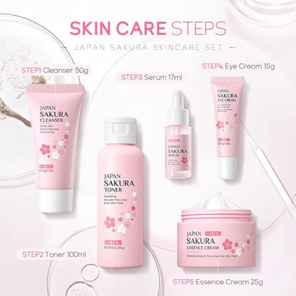 Travel Skincare Set for Women and Teens, Facial Skin Care Gift Set with Vitamin C & Cherry Blossom, Gentle Skin Cleaning & Care Set | Cleanser Toner Serum Eye Cream Face Cream (5PCS)