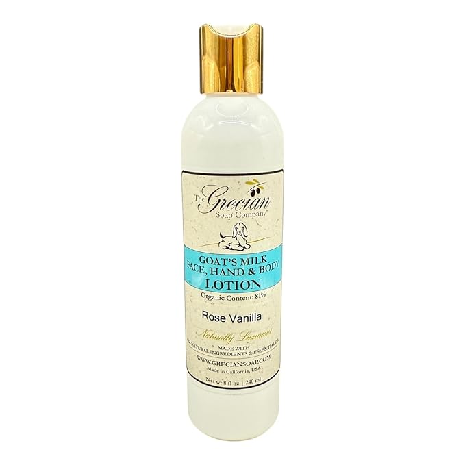 Organic Clean Beauty Goat's Milk Lotion in Rose Vanilla - 8 oz All Natural Goats Milk Lotion for Women and Men, Enriched with Essential Oils, Body Moisturizer for Everyday Use