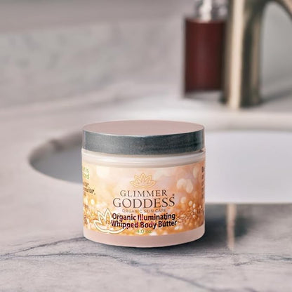 GLIMMER GODDESS Organic Whipped Body Butter - Super Level 3 Gold Shimmer - Moisturizing & Nourishing Skincare with Natural Ingredients - Luxurious Glow & Hydration for All Skin Types - 4.0 oz