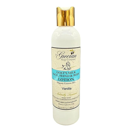 Organic Clean Beauty Goat's Milk Lotion in Vanilla - 8 oz All Natural Goats Milk Lotion for Women and Men, Enriched with Essential Oils, Body Moisturizer for Everyday Use