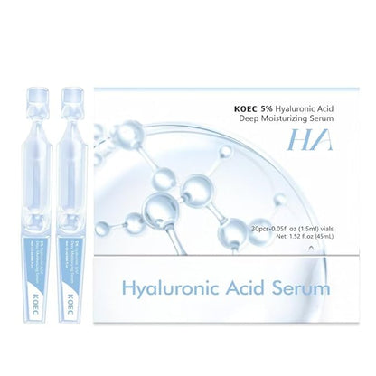 30 Pcs 5% Hyaluronic Acid Serum Vials (1.5ml Each), 5% Ultra-Hydrating Anti-Aging Face Serum for Women & Men, Deep Moisture, Wrinkle Reduction & Plumping, Portable Single-Use Tubes for Travel