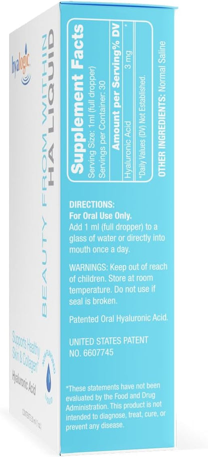 Hyalogic Vegan Friendly Hyaluronic Acid Liquid Supplement- Beauty from Within: Daily Skincare 30 ml. HA Dietary Supplement