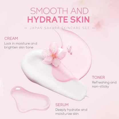 Travel Skincare Set for Women and Teens, Facial Skin Care Gift Set with Vitamin C & Cherry Blossom, Gentle Skin Cleaning & Care Set | Cleanser Toner Serum Eye Cream Face Cream (5PCS)