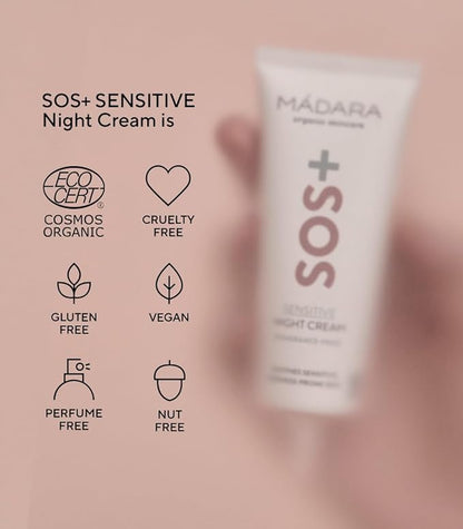 MÁDARA Organic Skincare | SOS+ SENSITIVE Night Cream, – Calming moisture for sensitive, reactive and redness-prone complexions, Dermatologically proven to soothe redness, Fragrance and colourant-free