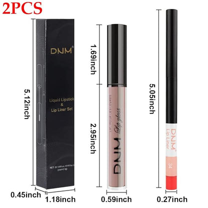 BINGBRUSH 2 Colors Liquid Matte Lipstick and Lipliner Set, Nude Lip Tint 24 Hour Waterproof Velvet Nonstick Cup Lipgloss Lip Stain Pigmented Lip Makeup Gift Sets for Girls and Women Labiales33&34
