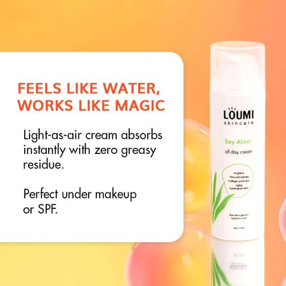 LOUMI Skincare Lightweight Hydrating Aloe Face Cream, Aloe Vera, Algae, And Hyaluronic Acid, Soften And Brighten Skin, Made In The US