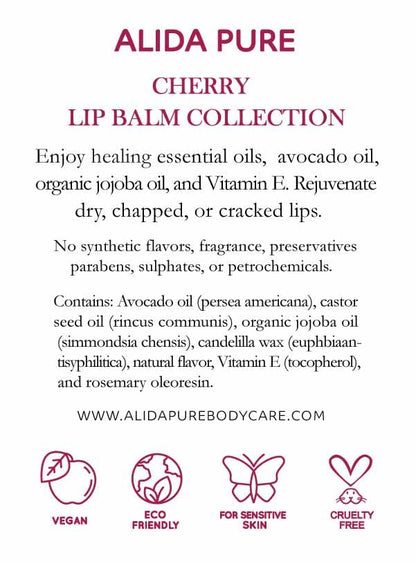 Cherry Lip Balm Collection, Vegan Lip Balm Set, Beeswax Free, with Avocado Oil, Organic Jojoba Oil, and Vitamin E, Natural Moisturizer for Dry, Chapped Lips, 3 Tube Set