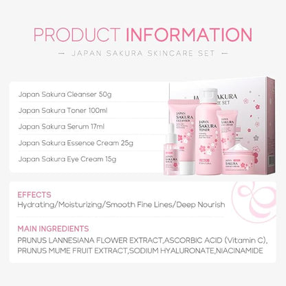 Travel Skincare Set for Women and Teens, Facial Skin Care Gift Set with Vitamin C & Cherry Blossom, Gentle Skin Cleaning & Care Set | Cleanser Toner Serum Eye Cream Face Cream (5PCS)