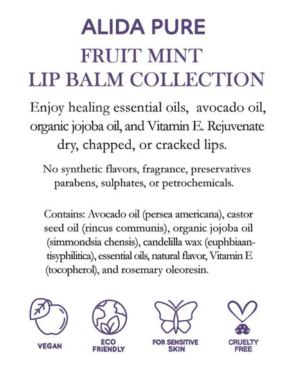 Fruit Mint Lip Balm Collection, Vegan Lip Balm Set, Bees Wax Free, Coconut Oil Free, Avocado Oil, Organic Jojoba Oil, Vitamin E, Natural Moisturizer For Dry Cracked Lips, 3 Tube Set