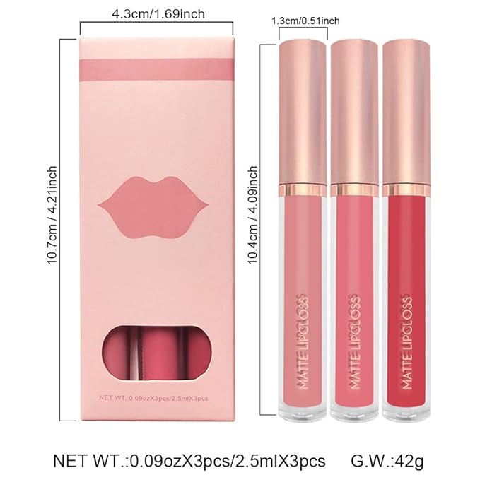 3 Pcs Matte Liquid Lipstick Makeup Set, Waterproof Quick-drying