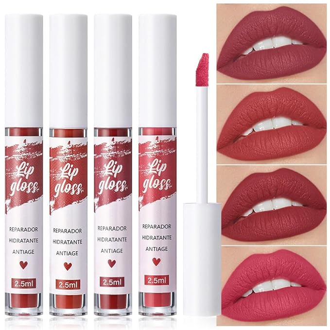 4Pcs Velvet Matte Liquid Lipstick Lipgloss Makeup Sets,Red Lipgloss