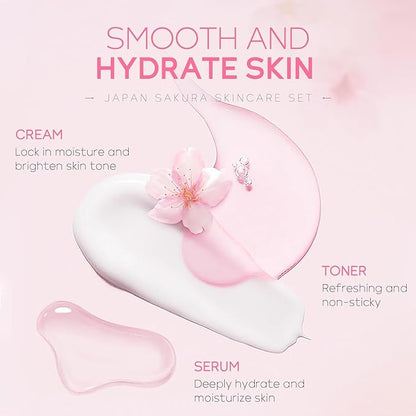 SAKURA Skin Care Set, Skin Care Sets & Kits Women Girls Gift Set with Cleanser, Face Serum, Face Cream, Toner, Eye Cream, Travel Size Skincare Set for Women Teen Girls Birthday Christmas Gift (SAKURA)