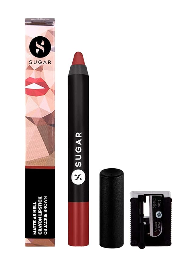 SUGAR Cosmetics Matte As Hell Crayon Lipstick With Free Sharpner, Long Lasting Matte Lip Crayon - 08 Jackie Brown (Reddish Brown), 2.8 g