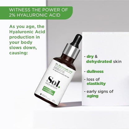 Sol. 2% Hyaluronic Acid Intense Hydration Face Serum, Prevents Dryness & Moisture Loss, Hydrating & Moisturizing, Softens & Smoothens, Non-irritating, White, 20 ml (Pack of 1)