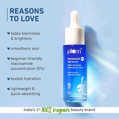 Plum 5% Niacinamide Face Serum for Clear & Bright Skin | with Rice Water | Provides Clear, Glowing & Brightening Skin | Lightweight & Beginner Friendly Serum for Women & Men | All Skin Types | 1 fl oz