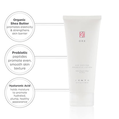 Zents Age Defying Probiotic Lotion (Travel Size - Ore Fragrance) Anti-Aging Body and Hand Cream with Organic Shea Butter & Hyaluronic Acid, 1 fl oz, TSA Approved