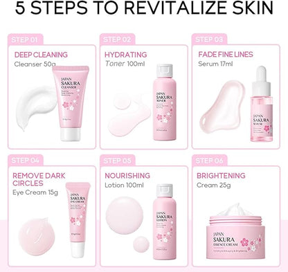 Skin Daily Skincare Set,Gentle Korean Skin Care Set,Skin Care Routine Kit for Women Gift Sets Includes Cleanser,Toner,Lotion,Serum,Eye Serum,Essence Cream Sakura Beauty Products (SetA)
