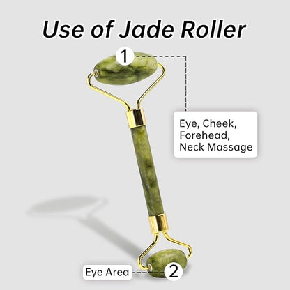 Jade Gua Sha and Face Roller, Real Jade Gua-Sha Stone Facial Tools Set for Reduce Puffiness, Body Guasha Tool for Relieve Neck Tension, Skincare Beauty Massager as Present for Women, Green
