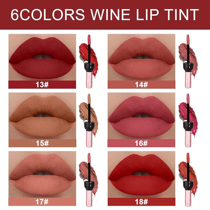6 Colors Matte Red Wine Liquid Lipstick Pack Set,Wine Lip Tint Long Lasting 24 Hour Waterproof Velvet Nonstick Cup Lipgloss Lip Stain Pigmented Lip Makeup Gift Sets for Girls and Women Labiales
