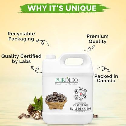 PUROLEO Castor Oil 32 Fl Oz/946 ML (Packed In Canada) 100% Pure and Natural Hair, Lash, Beard, Eyelashes & Eyebrow Oil Black castor oil for brow lashes, Make eyelash serum, hair serum for dry hair