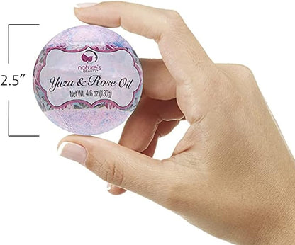 Nature's Beauty Yuzu & Rose Oil Bath Bomb Multi-Pack - Natural Hand Crafted, Non-Staining, Luxury Fizzy Spa Bomb, Nourish Dull + Dry Skin, Made w/Coconut Oil + Witch Hazel, 4.6 oz (4 Pack)