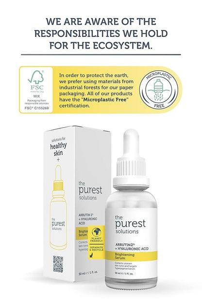 The Purest Solutions Brightening Serum (Arbutin 2% + Hyaluronic Acid) - Eliminate Skin Tone Inequalities & Support Vibrant Bright Skin - Vegan | Cruelty Free | Eco Friendly (1 fl. oz)