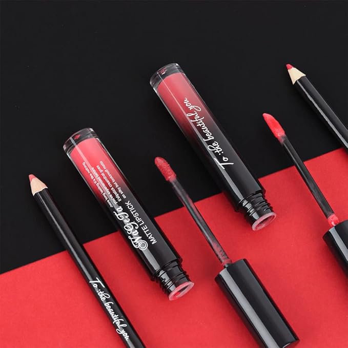 2 Colors Liquid Matte Lipstick and Lipliner Pack Set, Lip Tint Long Lasting 24 Hour Waterproof Velvet Nonstick Cup Lipgloss Lip Stain Pigmented Lip Makeup Gift Sets for Girls and Women Labiales